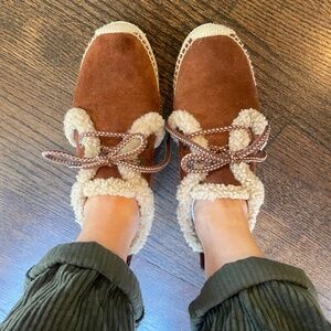 See by Chloe Shearling Suede Brown Espadrille Platform Sneaker Size 38